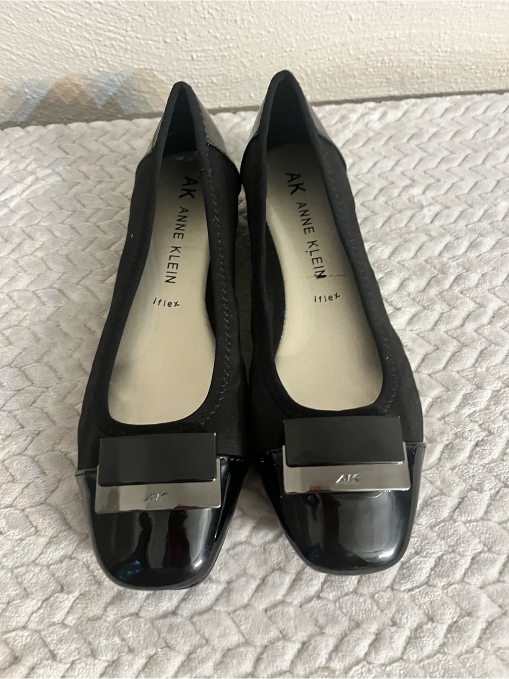 Anne Klein Black Patent Toe Ballet Flats with Metal Accent